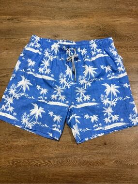 Vintage Summer Blue White Palm Tree Tropical Swim Trunks Men’s Large Mesh Lined
